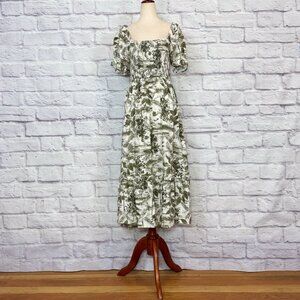 Anthropologie By the River Linen Blend Botanical Print Off-the-Shoulder Dress